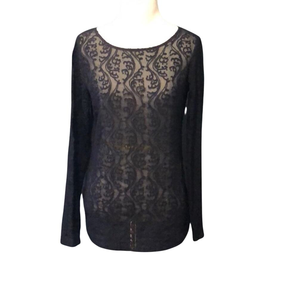 LOFT Navy Blue Sheer Lace Long Sleeve Tunic Blouse Top XXS